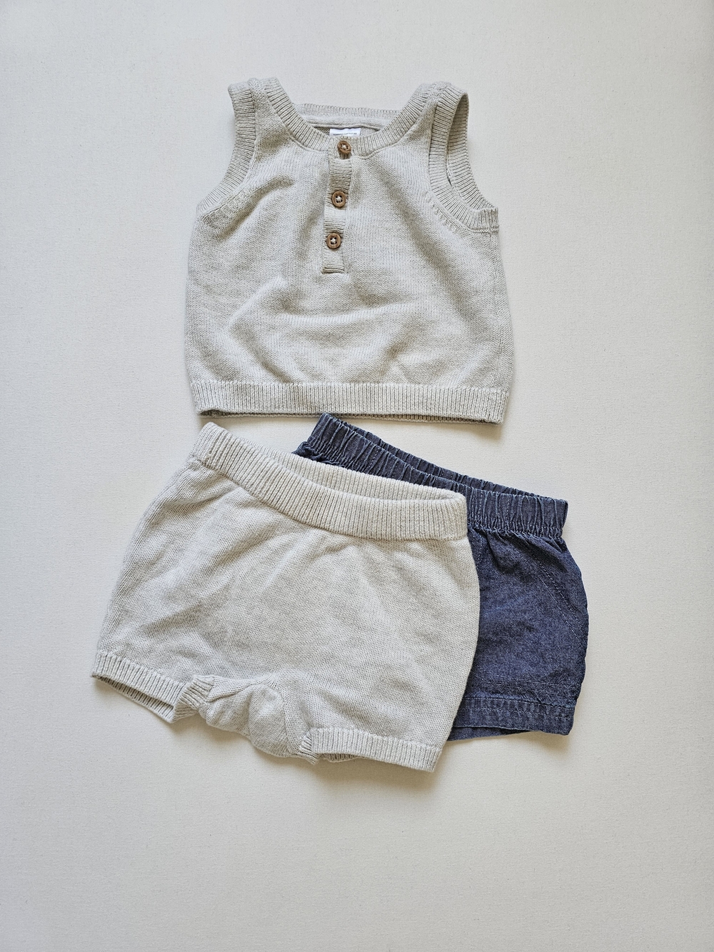 Matching Set Knit Vest And Shorts in Heather Grey + Denim Shorts Sz 3M